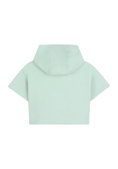 Muntgroene cropped hoodie met een zachte textuur, korte mouwen en een grote capuchon. Naadloos ontwerp zonder zichtbare hardware details.