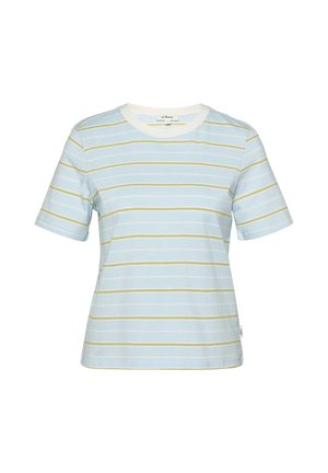 Lichtblauw T-shirt met korte mouwen, dunne horizontale beige strepen en een witte ronde hals, vooraanzicht.