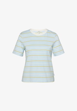 Lichtblauw T-shirt met korte mouwen, dunne horizontale beige strepen en een witte ronde hals, vooraanzicht.