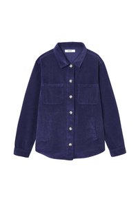 Veste en velours côtelé violet avec col, fermeture à boutons à l'avant, deux poches poitrine et poches latérales avec fente. Design en tissu texturé.