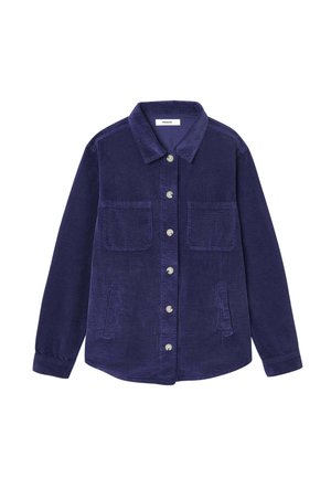 Veste en velours côtelé violet avec col, fermeture à boutons à l'avant, deux poches poitrine et poches latérales avec fente. Design en tissu texturé.
