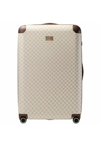 Harde koffer in beige met een geometrisch patroon. Bruine accenten en een metalen logoplaatje, voorzien van een gladde zwarte wielenbasis.