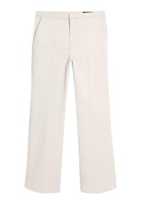 Beige gerade geschnittene Hose mit Fronttaschen und flachem Bund, auf weißem Hintergrund präsentiert.