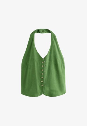 Top verde smanicato a collo alto con chiusura frontale con bottoni e bottone rivestito in tessuto al collo.