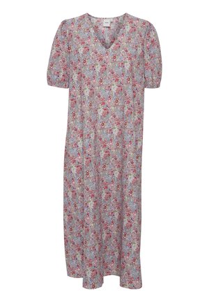 Robe à imprimé floral en tissu léger, dotée d'un col en V, de manches bouffantes courtes et d'une silhouette évasée à mi-longueur avec des motifs multicolores.