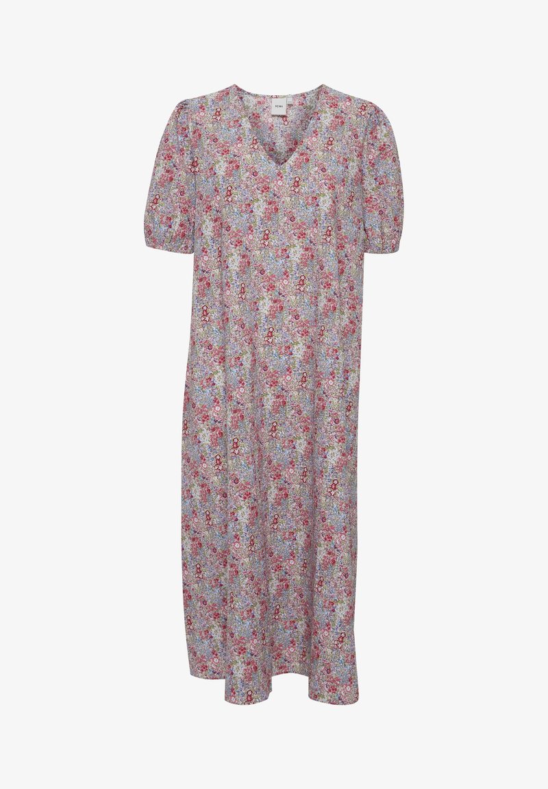 Vestido de estampado floral en un tejido ligero, con escote en V, mangas cortas abullonadas y una silueta de línea A hasta la rodilla con patrones multicolores.