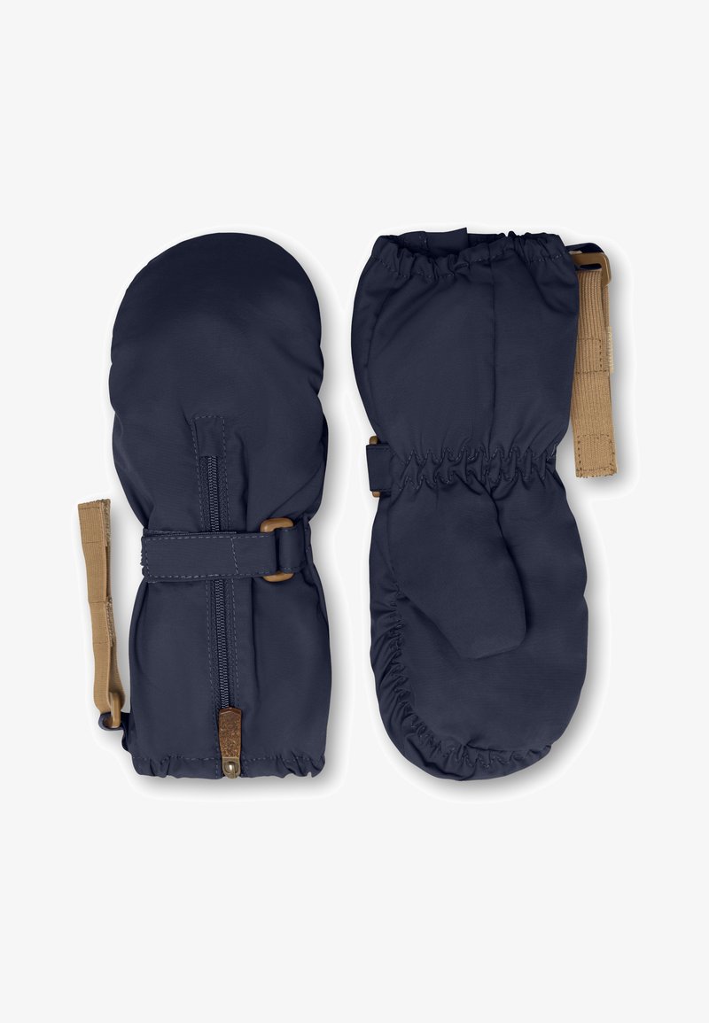 Tamsiai mėlynos izoluotos pirštinės su lygiu audinio paviršiumi, elastiniais rankogaliais, reguliuojamomis juostelėmis ir užtrauktuku, skirta patogiam dėvėjimui.