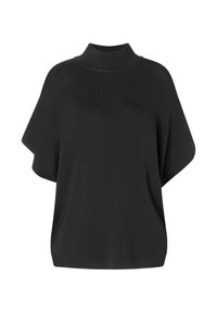 Schwarzer Strickpullover mit hohem Kragen, weit geschnittenen Ärmeln und lockerer Passform. Weiche Textur mit minimalen Nähten und ohne sichtbare Hardware.