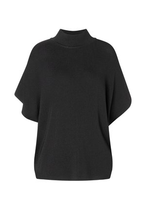 Schwarzer Strickpullover mit hohem Kragen, weit geschnittenen Ärmeln und lockerer Passform. Weiche Textur mit minimalen Nähten und ohne sichtbare Hardware.