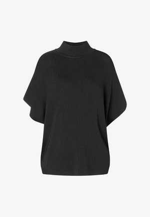 Schwarzer Strickpullover mit hohem Kragen, weit geschnittenen Ärmeln und lockerer Passform. Weiche Textur mit minimalen Nähten und ohne sichtbare Hardware.