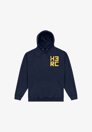 Marineblauer Hoodie mit Fronttasche und gelben Blockbuchstaben "HERC" auf der oberen linken Brust, mit Kordelzug an der Kapuze.