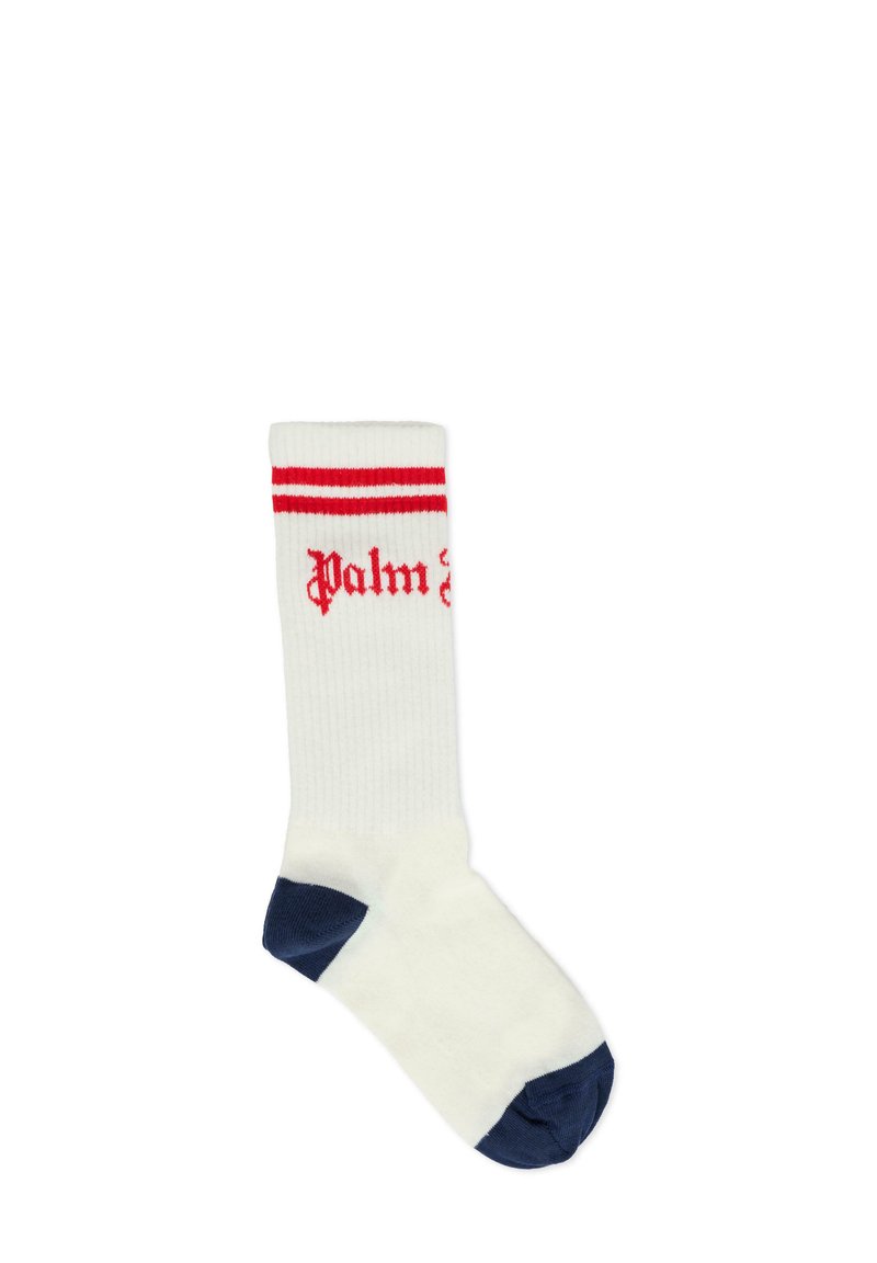 Calzino bianco lavorato a maglia con strisce rosse nella parte superiore; presenta "Palm" in testo rosso. Accentature blu sulla punta e sul tallone. Texture morbida.