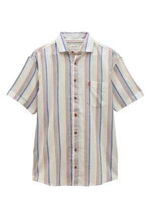 Kurzärmliges Hemd mit vertikalen blauen, roten und grünen Streifen, Brusttasche mit kleinem rotem Logo und klassischem Kragen.