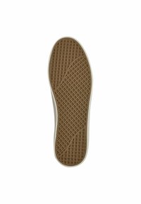 Semelle de chaussure en caoutchouc marron avec un motif texturé et quadrillé. Les bords sont blancs, avec des contours arrondis et une finition lisse le long du périmètre.