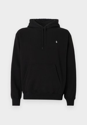 Fekete pulóver kapucnis felső pamutkeverék anyagból. Kenguruzsebbel, húzózsinóros kapucnival, bordázott mandzsettákkal és egy kis logóval a mellrészen.