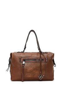 Borsa a tracolla in pelle marrone con finitura testurizzata, dotata di tasca frontale con zip, dettagli neri e manici intrecciati.