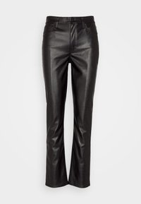 Pantalons en cuir noir au design ajusté, avec une taille mi-haute, des poches avant et une coupe droite. Texture lisse, détails minimaux.