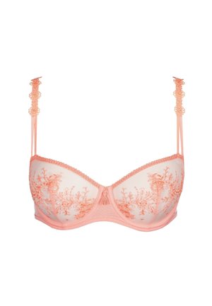 Sujetador color durazno con bordados que presentan diseños florales. Copas de malla transparente, tirantes ajustables y un borde de encaje con borde scallop.