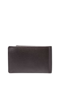 Portefeuille en cuir noir avec une finition texturée, présentant un design pliable en deux. Apparence minimaliste avec des bords cousus et sans matériel visible.