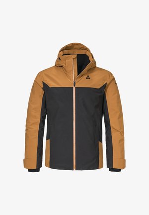 Hooded jacket featuring a brown and black color-block design, made of lightweight material, with a front zipper and side pockets.