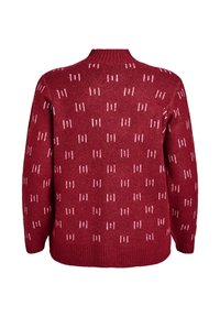 Pullover rosso lavorato a maglia con motivi a strisce verticali bianche; presenta un collo rotondo, maniche lunghe e polsini e orlo a coste.