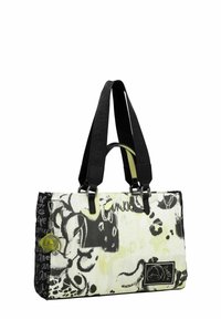 Schwarze und weiße Tragetasche mit abstrakten Mustern und grünen Akzenten. Verfügt über zwei schwarze Träger, ein Logo und dekorative Hardware auf der Vorderseite.