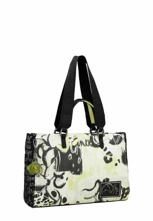 Schwarze und weiße Tragetasche mit abstrakten Mustern und grünen Akzenten. Verfügt über zwei schwarze Träger, ein Logo und dekorative Hardware auf der Vorderseite.