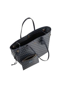 Borsa a tracolla blu marina realizzata in materiale sintetico testurizzato con un motivo ripetuto, manici in cuoio e una tasca interna con zip dorata.