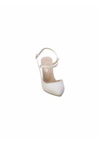 Scarpa bianca con tacco alto, punta appuntita, cinturino slingback e tomaia strutturata. Fodera interna liscia. Design minimalista.
