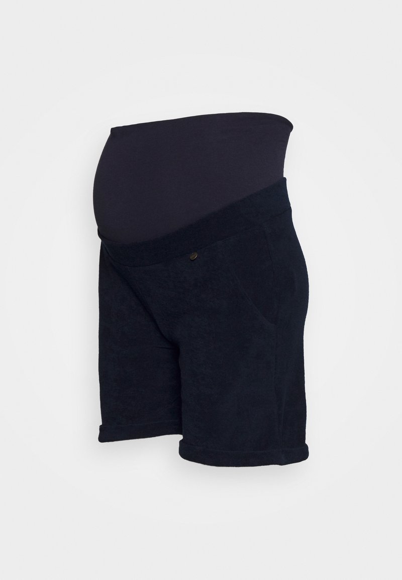 Calções de maternidade em azul-marinho com uma cinta elástica e suportiva, apresentando uma textura suave, bolsos e bainhas dobradas.