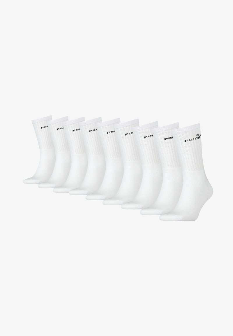 Pack mit zehn Paar weißen Baumwollsocken mit gerippter Textur und elastischen Bündchen, mit einem kleinen schwarzen Logo auf der Außenseite jeder Socke.