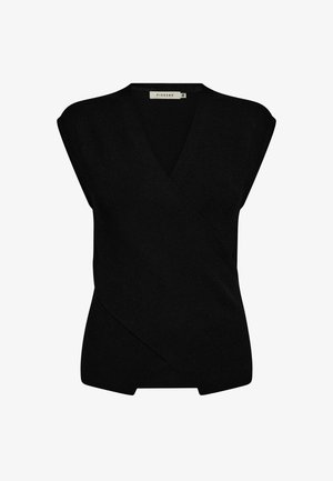Crni pleteni top s V izrezom i kratkim rukavima. Ima obavijen dizajn i ravni rub. Mekana tekstura i bez vidljivih ukrasa.
