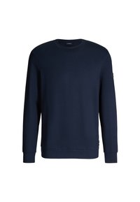 Navy blue sweatshirt in cotton with long sleeves, ribbed cuffs, and hem. Features a logo patch on the sleeve. Simple, minimalist design.