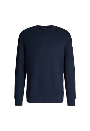 Navy blue sweatshirt in cotton with long sleeves, ribbed cuffs, and hem. Features a logo patch on the sleeve. Simple, minimalist design.