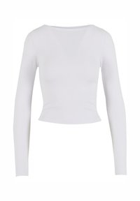 Weißes Langarm-Crop-Top aus weichem, elastischem Stoff, mit leicht ausgeschnittenem Halsausschnitt und taillierter Silhouette. Keine sichtbaren Muster oder Akzente.