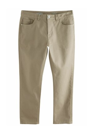 Slim-fit beige broek van katoenmix. Bevat vijf zakken, een knoopsluiting en een zachte textuur met een lichte glans.