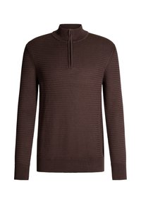 Brauner Pullover mit hohem Kragen und halbem Reißverschluss. Strukturierte Strickoptik, lange Ärmel, gerippte Bündchen und Saum. Keine Muster oder Hardware-Details.