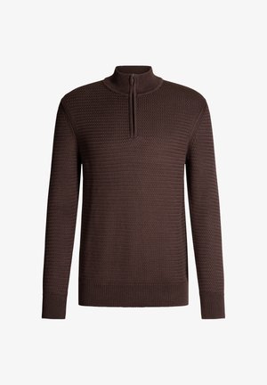 Brauner Pullover mit hohem Kragen und halbem Reißverschluss. Strukturierte Strickoptik, lange Ärmel, gerippte Bündchen und Saum. Keine Muster oder Hardware-Details.
