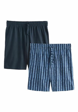 Dva páry pánskych šortiek s elastickým pásom a sťahovacou šnúrkou, jedny jednofarebné tmavomodré, druhé tmavomodré s svetlomodrými vertikálnymi pruhmi.