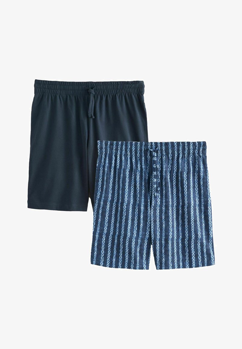 Due paia di pantaloncini da uomo con vita elastica e coulisse, uno tinta unita blu navy, uno blu navy con righe verticali azzurro chiaro.