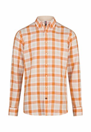 Oranje en witte geruite langemouwenshirt met een button-down kraag, uitgerust met beige knopen en een rechte zoom. Gemaakt van lichtgewicht stof.