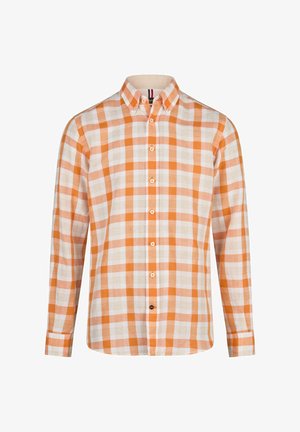 Oranje en witte geruite langemouwenshirt met een button-down kraag, uitgerust met beige knopen en een rechte zoom. Gemaakt van lichtgewicht stof.