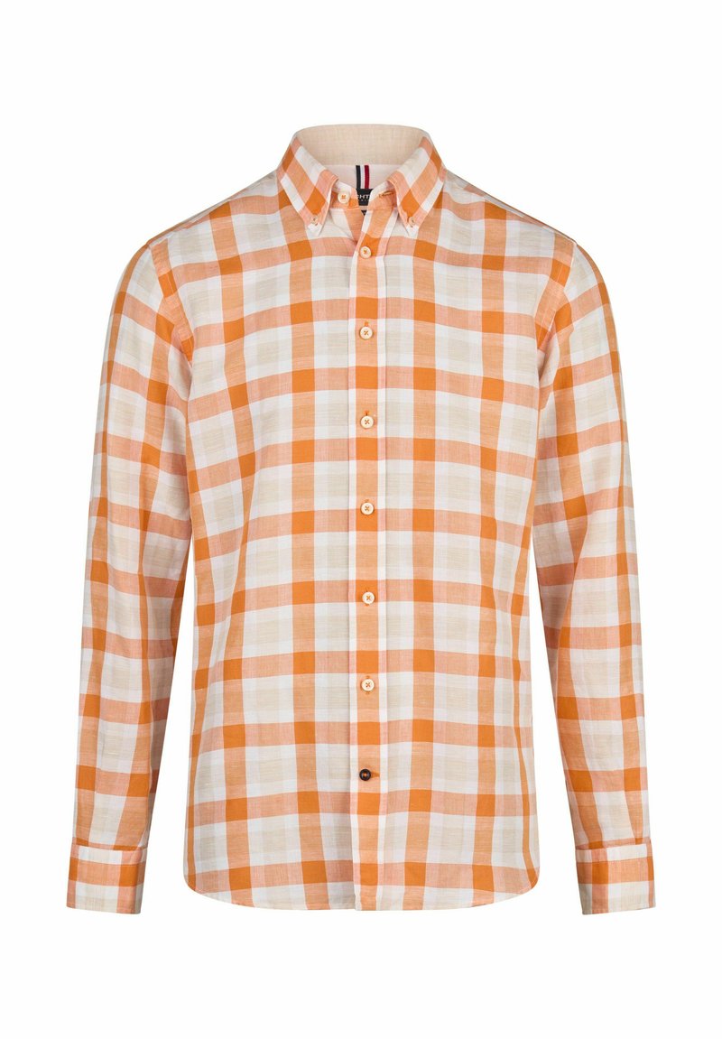 Oranje en witte geruite langemouwenshirt met een button-down kraag, uitgerust met beige knopen en een rechte zoom. Gemaakt van lichtgewicht stof.