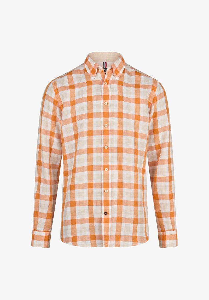 Oranje en witte geruite langemouwenshirt met een button-down kraag, uitgerust met beige knopen en een rechte zoom. Gemaakt van lichtgewicht stof.