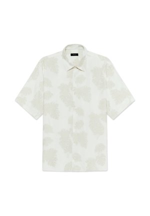 Trumpomis rankovėmis marškiniai šviesios kreminės spalvos audinyje su subtiliu palmės lapo raštu, priekyje su sagomis ir klasikiniu apykaklės dizainu.