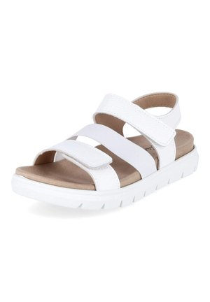 Witte open-toe sandaal met twee verstelbare bandjes en een gevoerd beige voetbed, voorzien van een dikke, geribbelde witte zool.