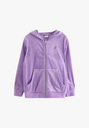 Lila Kapuzen-Sweatshirt mit Reißverschluss aus weichem Stoff. Verziert mit einer Herzstickerei, zwei Vorderstaschen und einer gefütterten Kapuze. Glatte, kuschelige Textur.