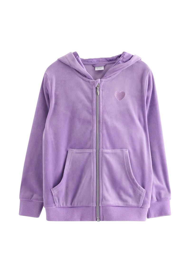 Purple zip-up hoodie made of soft fabric. Features a heart embroidery, two front pockets, and a lined hood. Smooth, cozy texture.