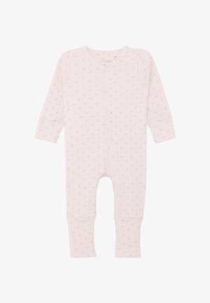 Zachtroze babyromper met lange mouwen, drukknopen aan de voorkant en een fijn patroon van kleine donkerroze bloemen.