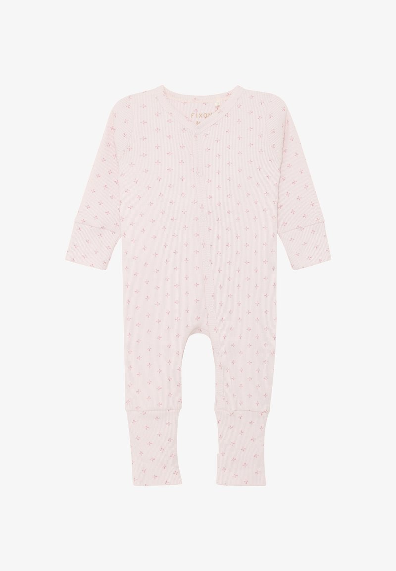 Body bébé rose pâle à manches longues avec boutons-pression sur le devant et petit motif floral rose foncé.